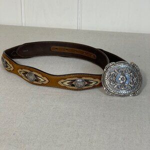 Tony Lama Belt 36 Brown Silver Rhinestone Buckle Concho Leather Floral Embroider